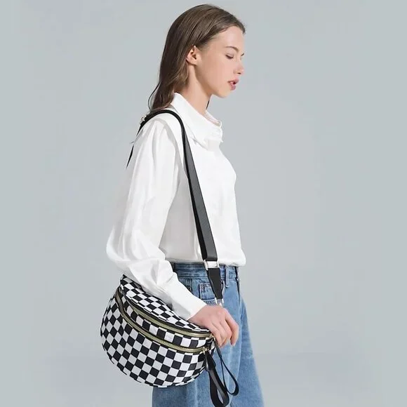 Checkered Crossbody Bags Bum Bag for Women Large Sling Bag Purse with Adjustable